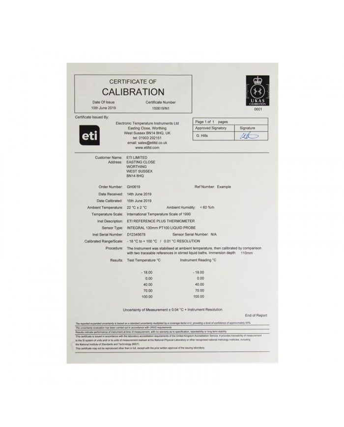 UKAS 3 point 2 probe certificate (-18, 0, +70°C)