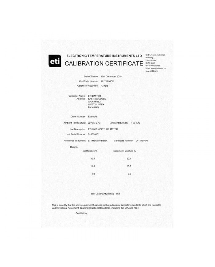 UKAS 3 point internal sensor logger certificate (-18, 0, +40°C)